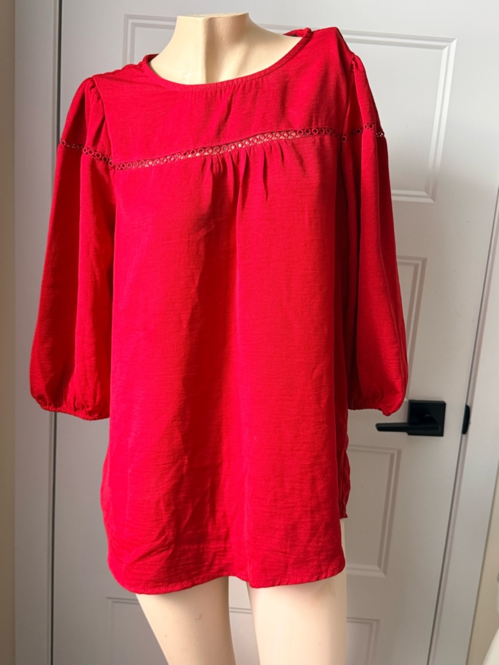 Bright Red Peasant Tunic Top with Eyelet Detail